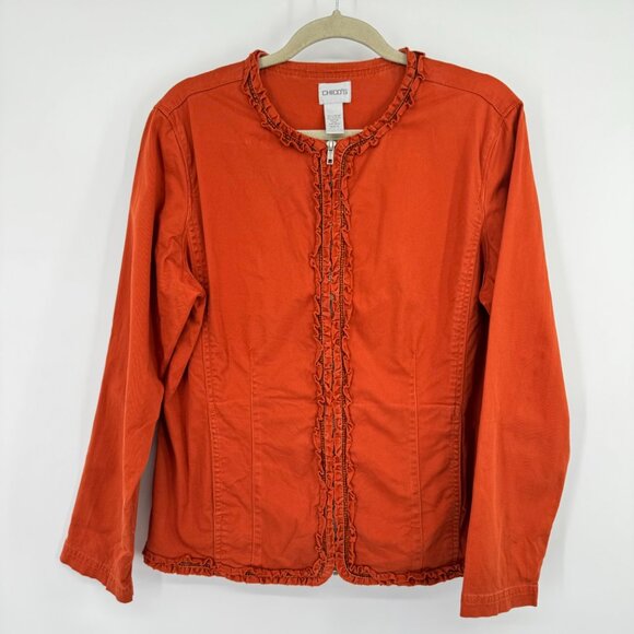 Chico's 2 Women's Orange Ruffle Zip-Up Jacket Size Large Cotton stretch - Picture 4 of 9